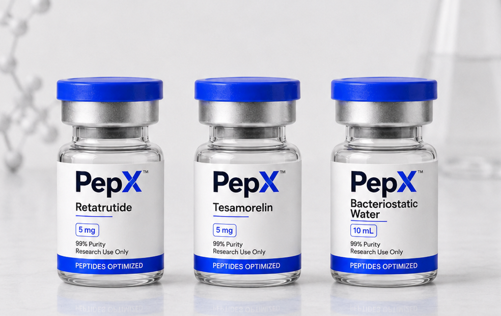 PepX short 5 mL vial collection featuring Retatrutide, Tesamorelin, and Bacteriostatic Water